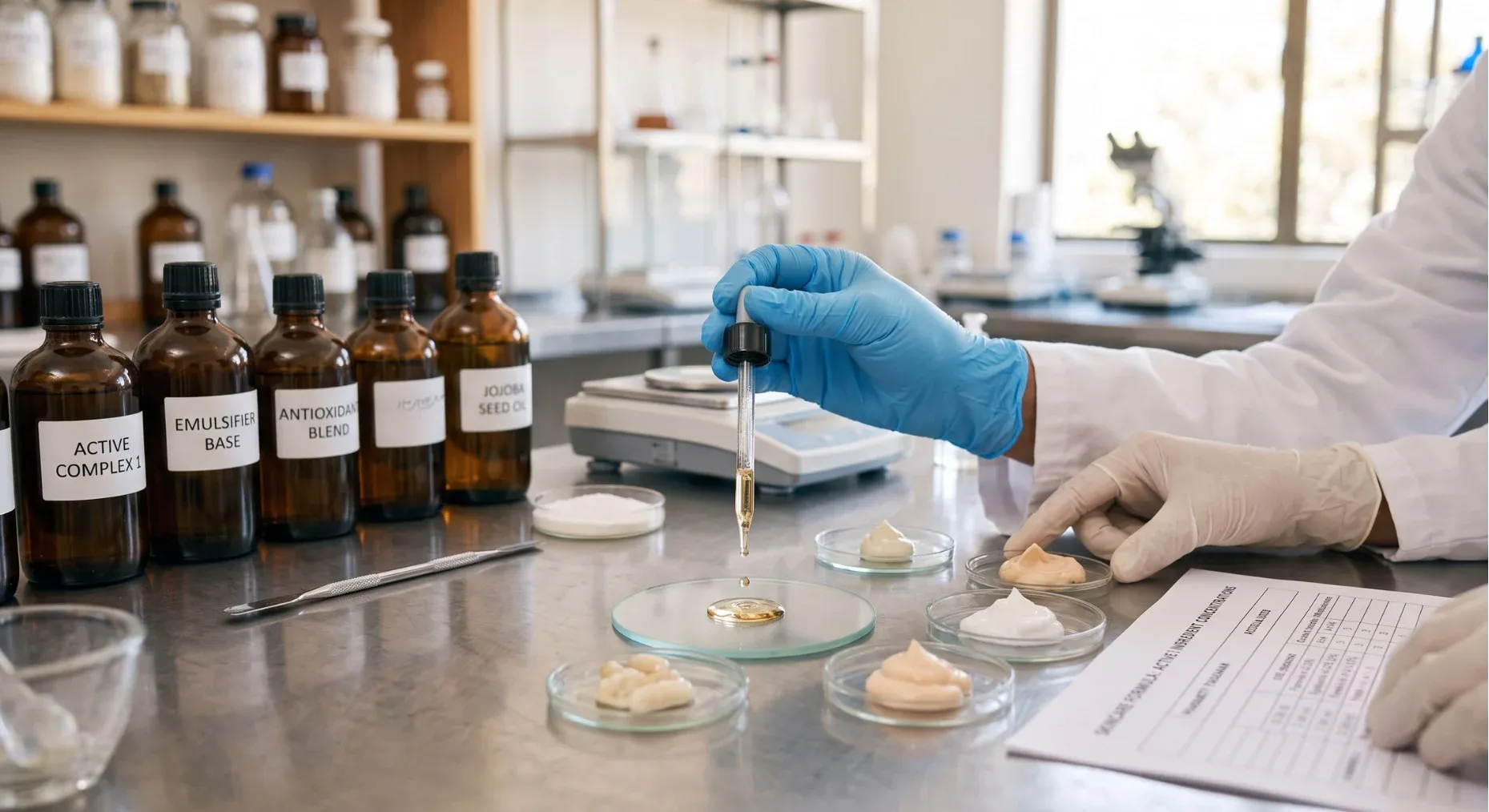 R&D team researching and developing cosmetic product formulations