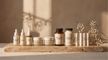 Berbagai kategori produk kosmetik premium seperti skincare, body care, hair care, dan makeup ditampilkan secara elegan